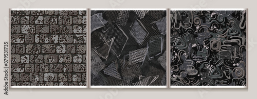 Seamless gray camouflage patterns with brick stone wall, scattered mesh tulle patches, abstract wavy lines, splattered paint. For apparel, fabric, textile, sport goods design.