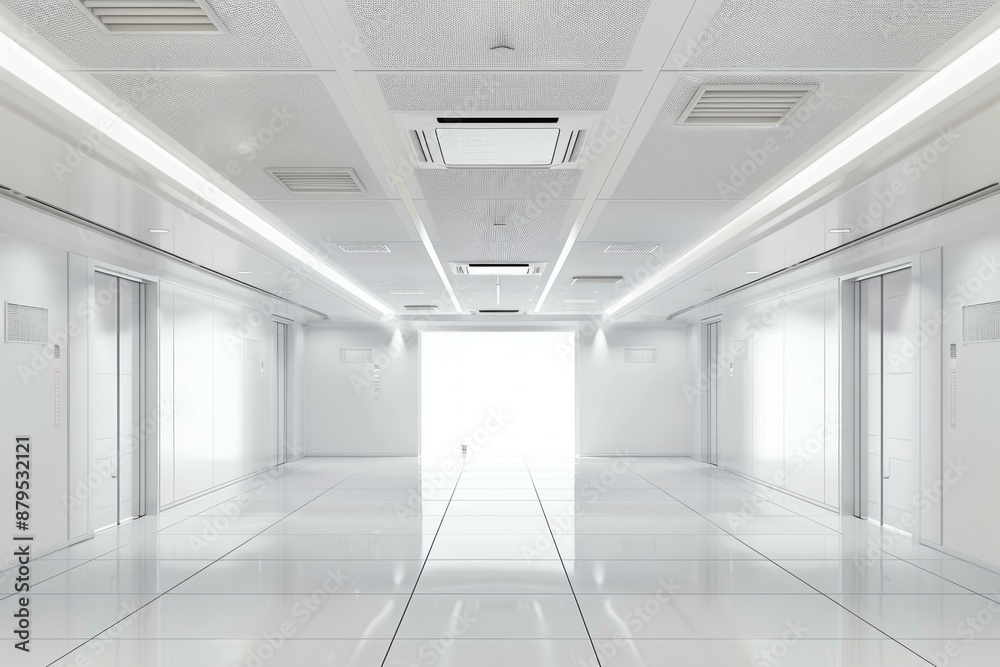 Obraz premium Bright empty corridor with elevators is leading to the light at its end