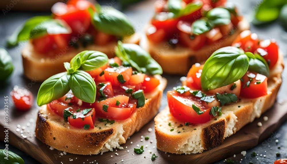 Homemade Italian Bruschetta Appetizer with Basil and Tomatoes
Homemade Italian Bruschetta Appetizer with Basil and Tomatoes