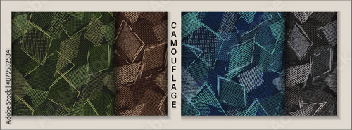 Seamless blue camouflage patterns with random scattered overlapping tulle pieces, patches, outline geometric shapes. Random composition. For apparel, fabric, textile, sport goods Grunge texture