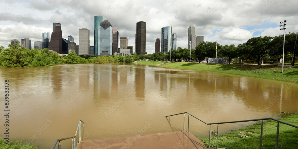 Buffalo Bayou Park, Houston, flooded after Hurricane Beryl.