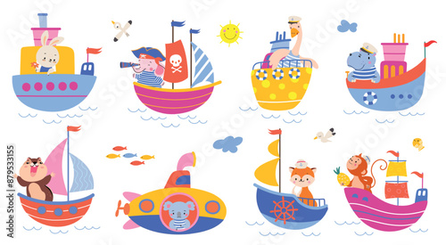 Animals boating. Cute animal sailor travel on submarine ship boat and yacht. Pirate captain, sailing characters in costumes. Nowaday vector childish set