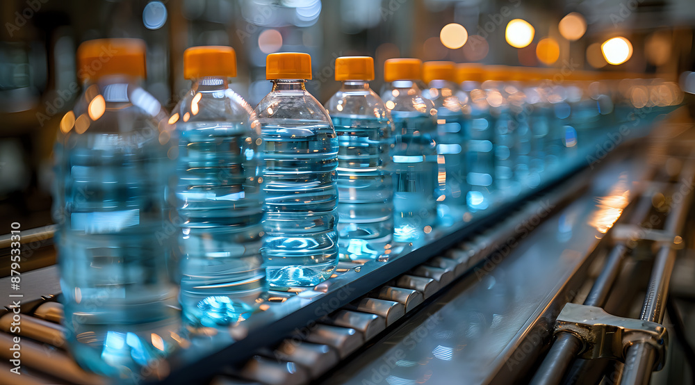 Bottled water production line in a factory, showcasing rows of clear water bottles with orange caps. Perfect for illustrating manufacturing, production processes, and the beverage industry.