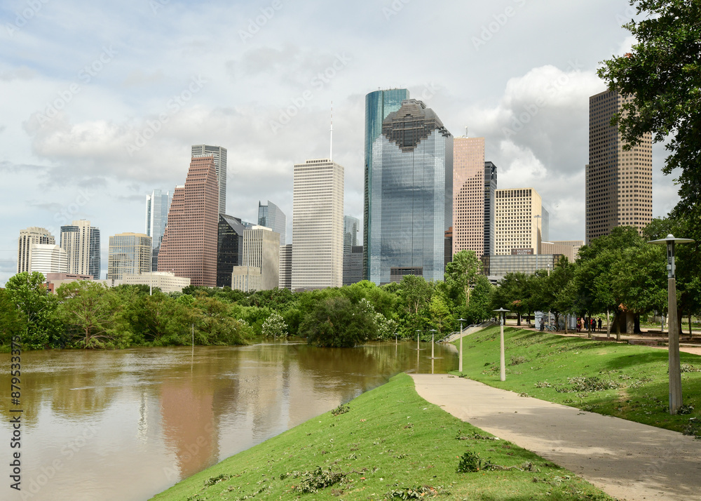 Buffalo Bayou Park, Houston, flooded after Hurricane Beryl.