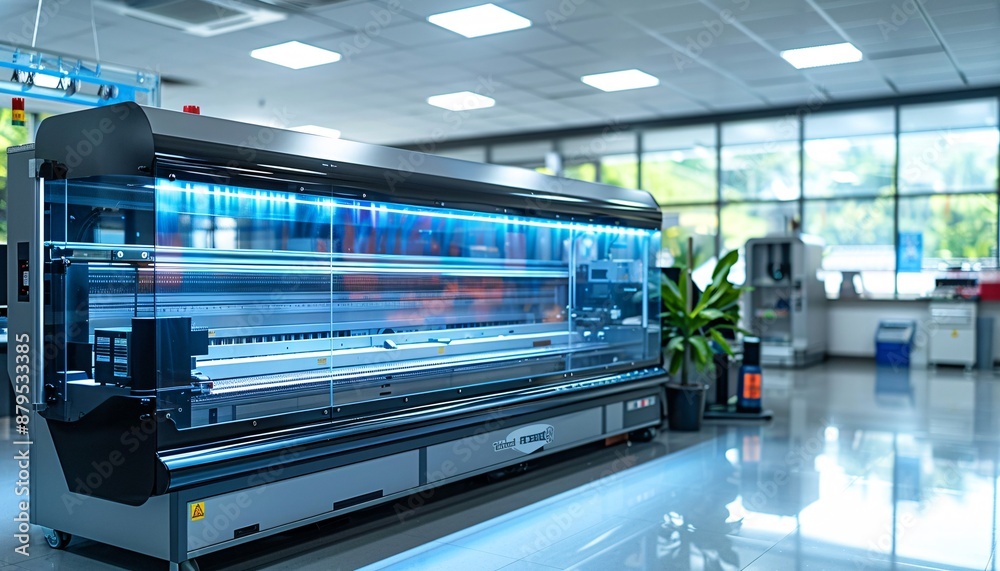 Large format plotter printing blueprints at engineering office, wide banner. Large format plotter printing blueprints at engineering office, wide banner.