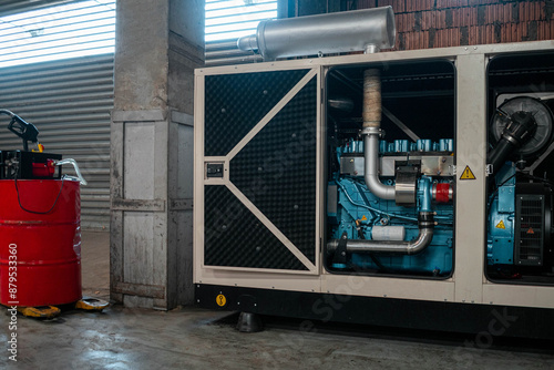 A powerful diesel generator operates during power outages. Backup power supply for a manufacturing plant.