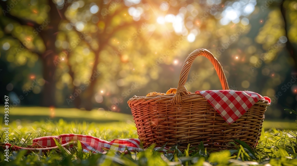 One picnic wicker basket with checkered napkin and blanket on green grass. Space for text One picnic wicker basket with checkered napkin and blanket on green grass. Space for text