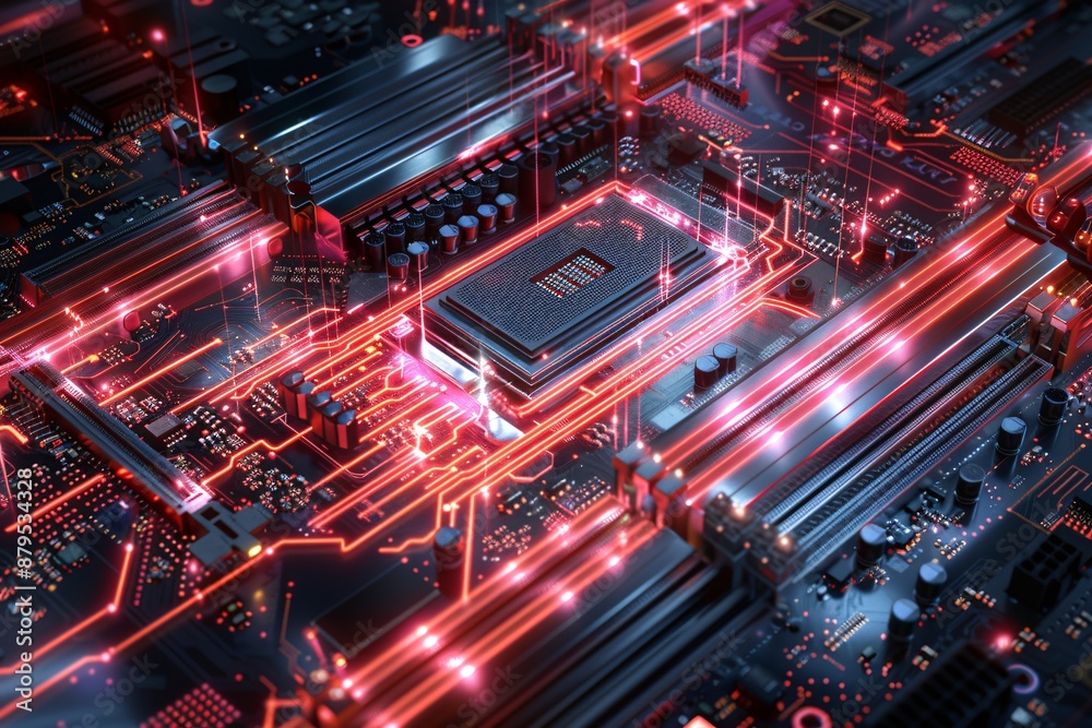 Close-up of advanced microchip on computer board, wide banner design. Close-up of advanced microchip on computer board, wide banner design.