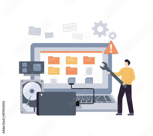 Concept illustration of computer repair and lost data recovery. Vector illustration.