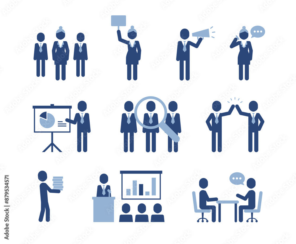 Business people icon pictograms. Leadership training, meeting and corporate career. Modern simple style pictogram concept. Blue color characters set. Simple material design for web and website. Business people icon pictograms. Leadership training, meeting and corporate career. Modern simple style pictogram concept. Blue color characters set. Simple material design for web and website.