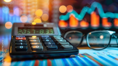 Close-up of a calculator and glasses on a financial report with a blurred stock market graph in the background, showcasing financial analysis.