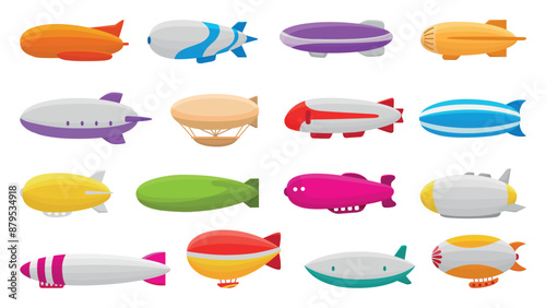 Dirigible cartoon. Vintage aircraft, dirigibles icons set. Colorful flying travel and adventures transport in old style. Airships neoteric vector clipart