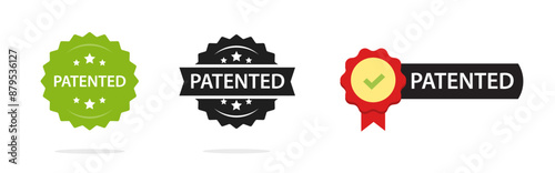Patent icon stamp logo protected red black green symbol graphic illustration, registered trademark pictogram sign seal image clip art modern design set