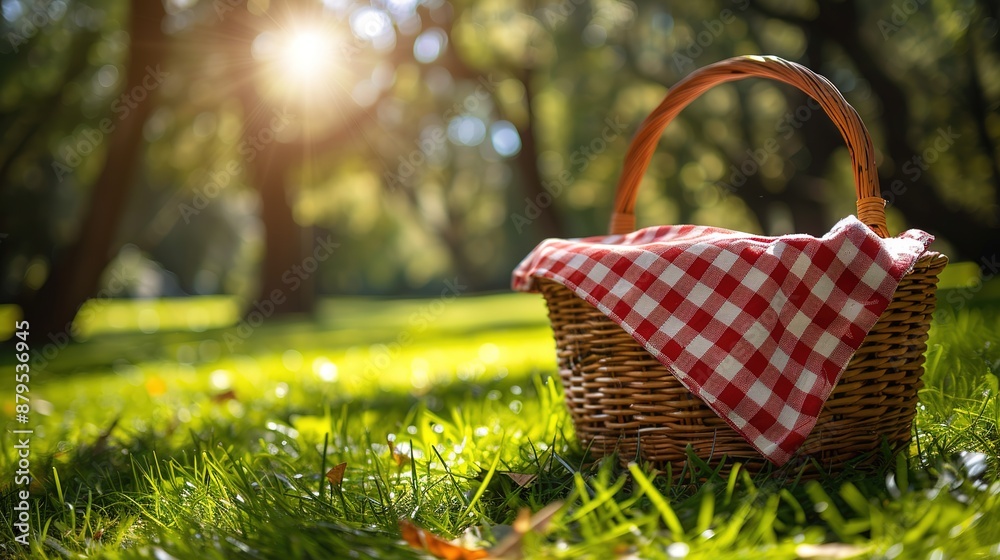 One picnic wicker basket with checkered napkin and blanket on green grass. Space for text One picnic wicker basket with checkered napkin and blanket on green grass. Space for text