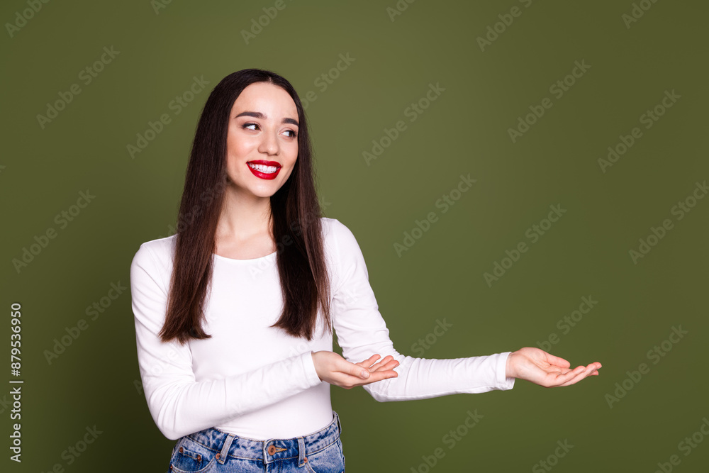 Photo portrait of lovely young lady look point hands empty space dressed stylish white garment isolated on khaki color background Photo portrait of lovely young lady look point hands empty space dressed stylish white garment isolated on khaki color background