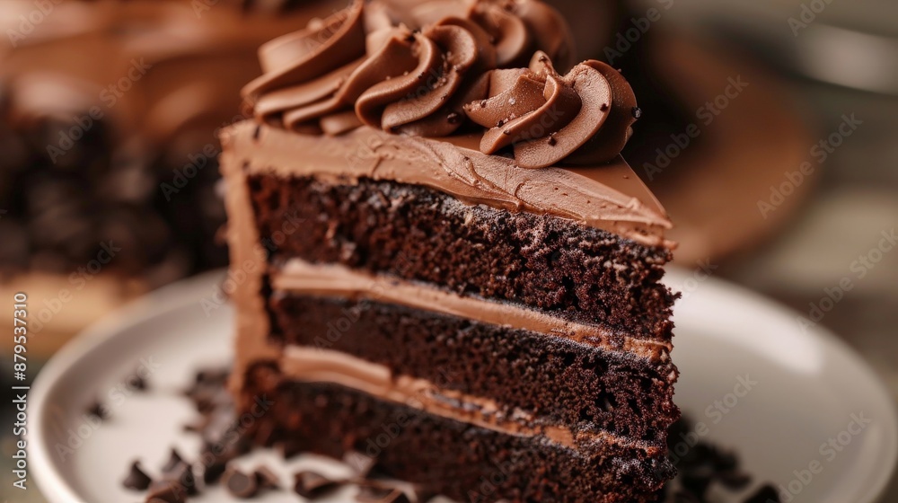 Close-up of a chocolate cake slice with layers of ganache and frosting Close-up of a chocolate cake slice with layers of ganache and frosting