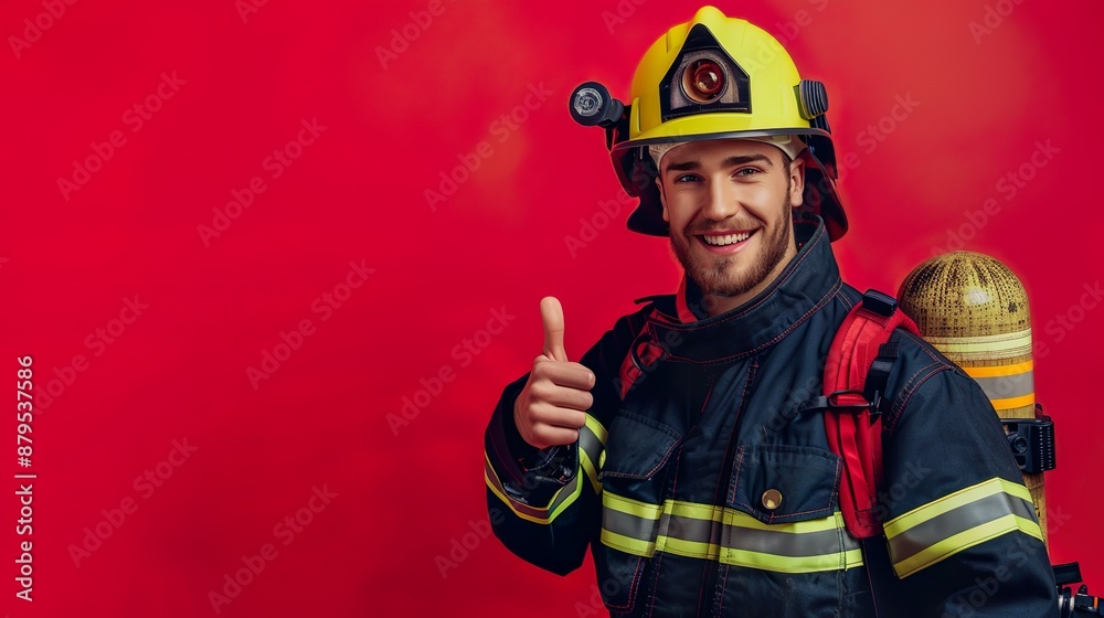 Fototapeta premium Adorable young professional firefighter, smiling, holding a toy fire hose, and giving a thumb-up on a red background, editorial style