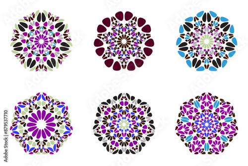 Ornate abstract geometrical gravel heptagon logo template set - colorful geometric vector designs