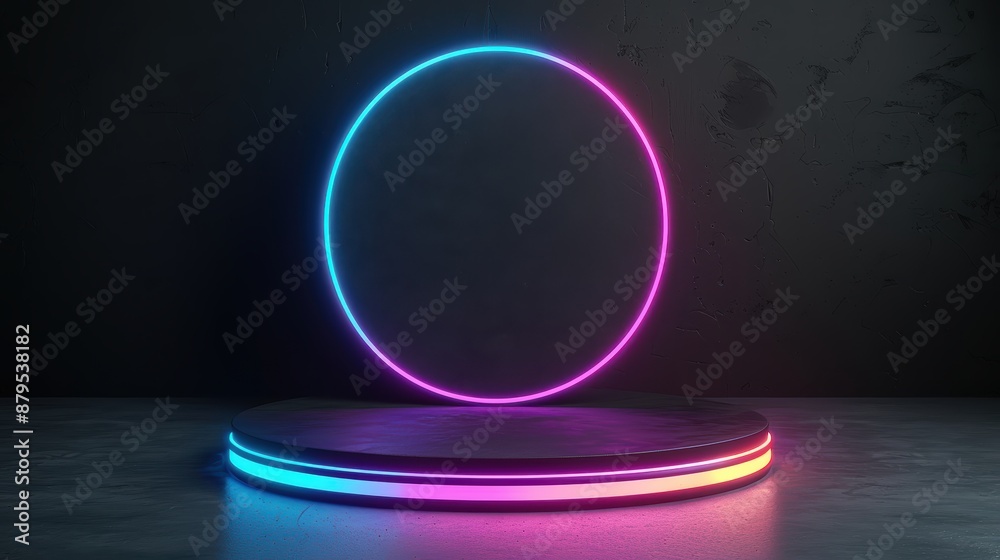 Empty round podium illuminated by blue and purple neon light on dark grunge wall Empty round podium illuminated by blue and purple neon light on dark grunge wall