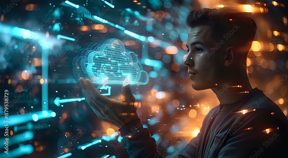 Young man interacting with a glowing holographic cloud icon, symbolizing cloud computing and digital innovation. Perfect for themes of technology, IT, and futuristic advancements. Young man interacting with a glowing holographic cloud icon, symbolizing cloud computing and digital innovation. Perfect for themes of technology, IT, and futuristic advancements.