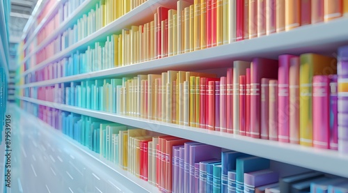 Colorful library shelves filled with books arranged by color, creating a vibrant and organized display. Ideal for themes of literature, organization, and creative interior design. photo