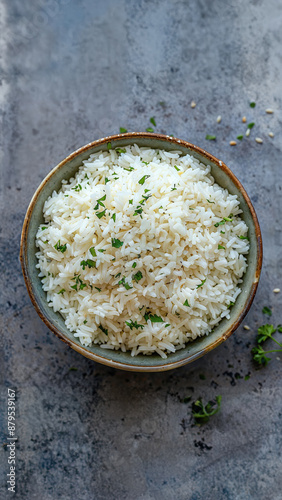 Top View Of A Bowl Of Steamed White Rice
