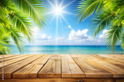 Empty wooden table in front of a summer themed background.