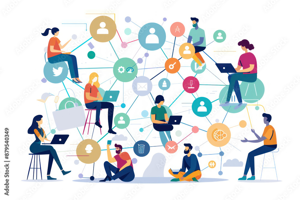 conceptual modern style illustration of people working in network, interacting with social media and interconnected to each other conceptual modern style illustration of people working in network, interacting with social media and interconnected to each other