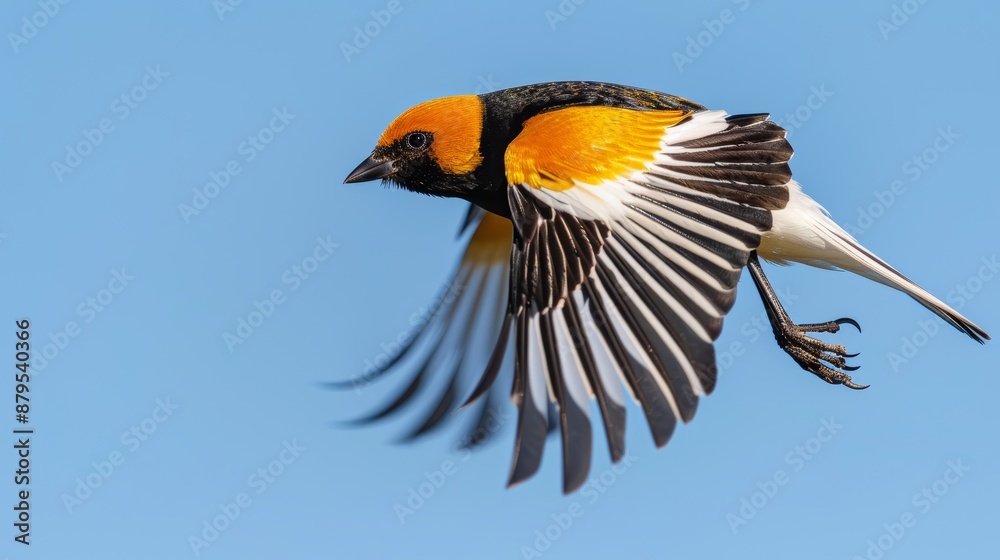 Fototapeta premium A sharp and vibrant photo of a Goldeeg bird in mid-flight, wings spread wide against a clear blue sky, focus cover all object