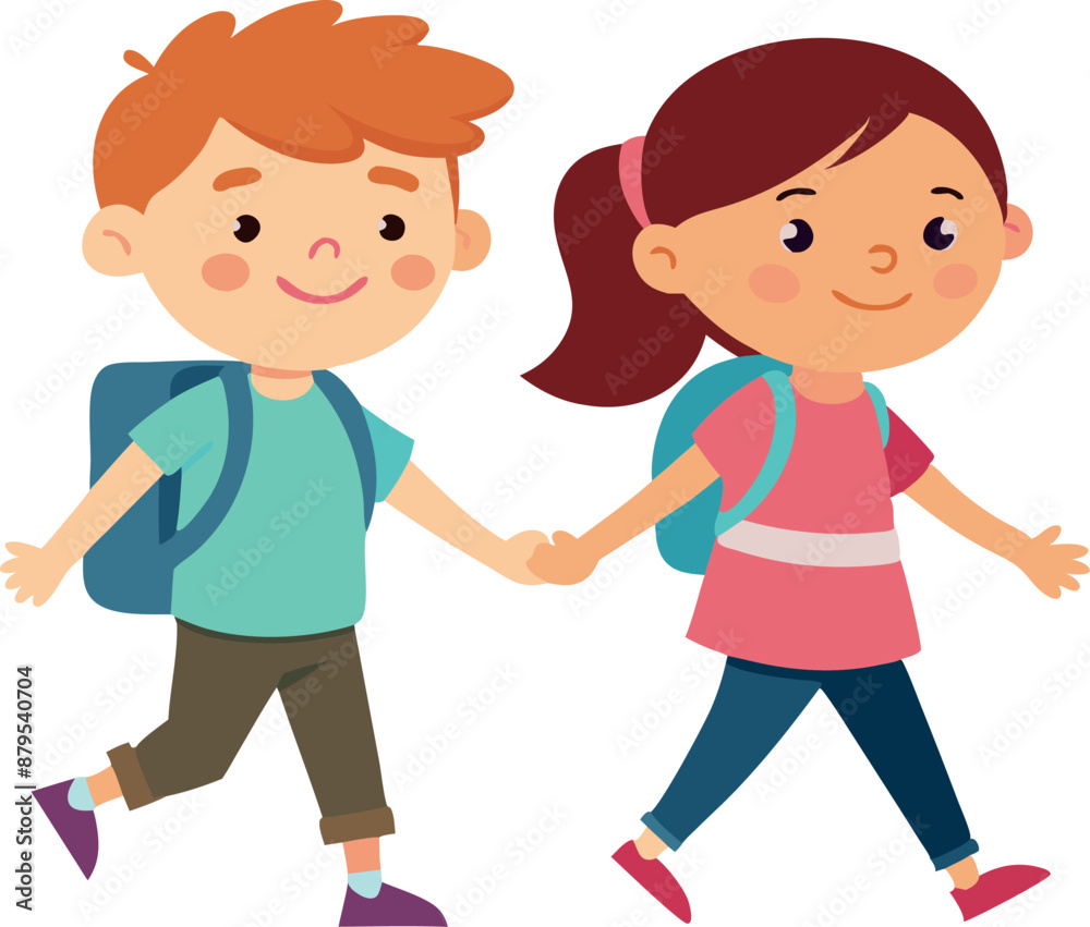 Cute cartoon kids holding hands, walking to school with backpacks, happy childhood friends Cute cartoon kids holding hands, walking to school with backpacks, happy childhood friends