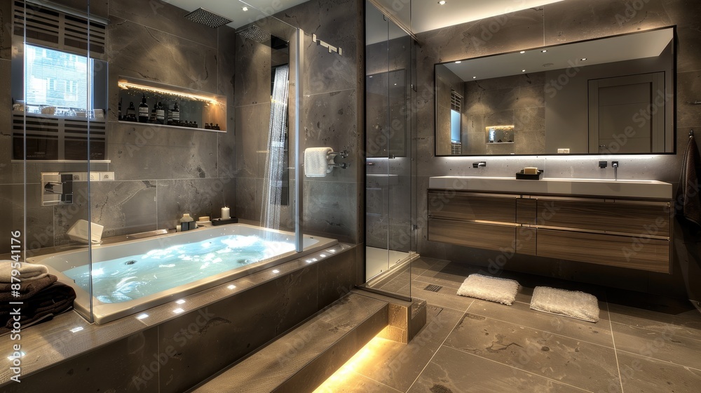 A contemporary bathroom with a glass-enclosed wet room, a freestanding tub, and a vanity with a backlit mirror A contemporary bathroom with a glass-enclosed wet room, a freestanding tub, and a vanity with a backlit mirror