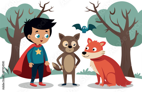 Illustration of a child superhero with animal friends in a magical forest