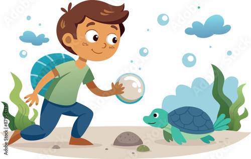 Happy child interacting with a curious turtle under the sea in an animated illustration