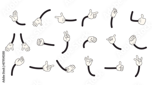 Cartoon comic hands in white gloves showing various gestures. Retro characters hand actions, signs of approval blow rock good idea, snugly vector set