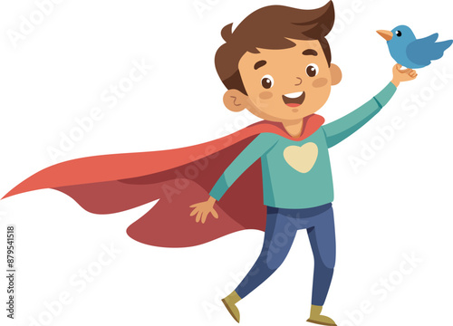 Happy cartoon boy in red cape holding blue bird, smiling, isolated on white background