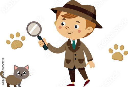 Cartoon detective boy with magnifying glass and kitten solving mystery
