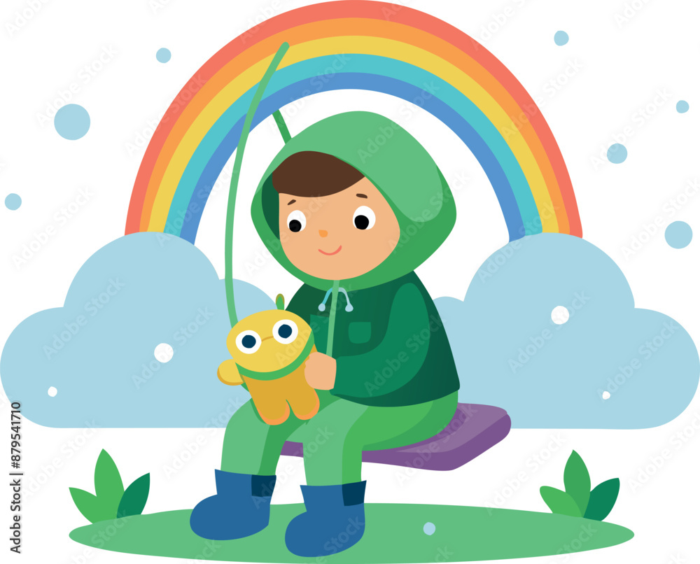Obraz premium Happy child fishing with a toy under a rainbow on a grassy hill