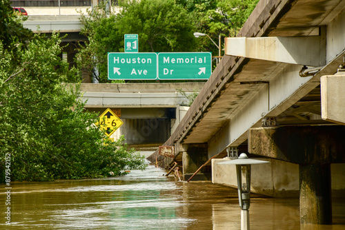 Buffalo Bayou Park, Houston, flooded after Hurricane Beryl.
