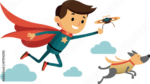 Illustration of a boy and his dog dressed as superheroes flying through the sky