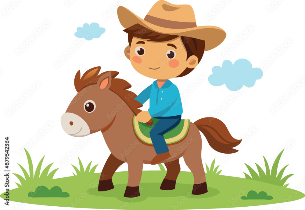 Obraz premium Illustration of a young boy in a cowboy hat riding a horse in a grassy field