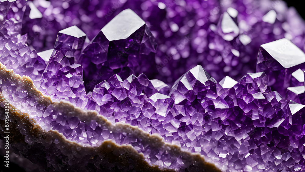 A macro close-up of amethyst crystals with a glistening A macro close-up of amethyst crystals with a glistening