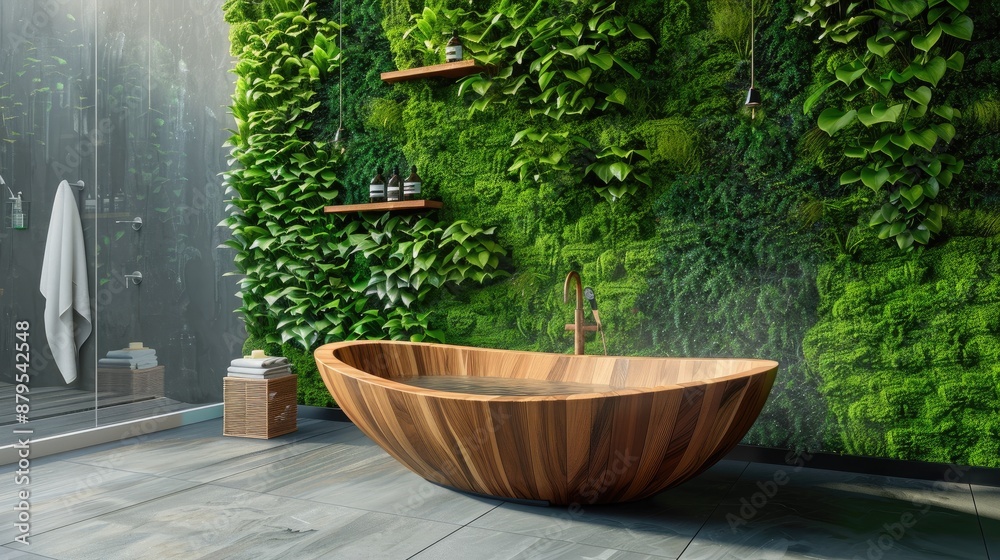 Fototapeta premium A contemporary bathroom with a touch of nature, featuring a wooden bathtub and a living green wall