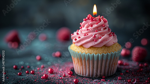 A cupcake with pink frosting and sprinkles, topped with an illuminated birthday candle, set against a dark background with scattered red berries for decoration. 
