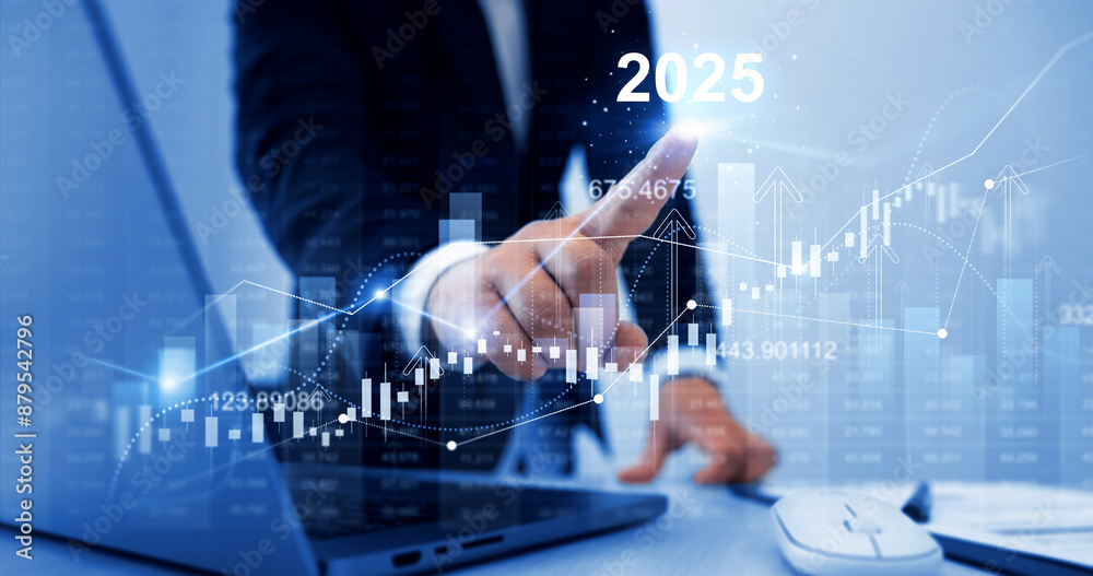 Increase chart arrow graph corporate business future growth new year 2025. New opportunity, challenge and strategy in 2025.

