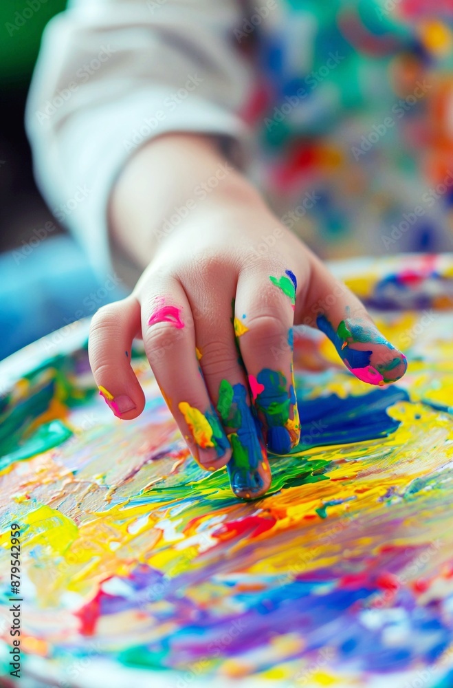 Child's hand covered with paints on a multi-colored palette background, concept of creativity, art therapy, painting lesson