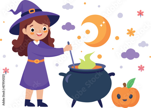 Young witch stirring cauldron with pumpkin and moon nearby