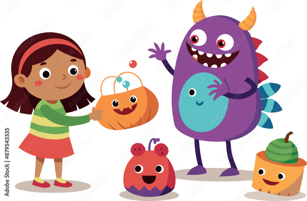Naklejka premium Girl and Friendly Monster with Halloween Pumpkins