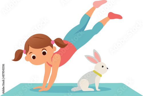 Girl in exercise pose with white bunny on blue mat