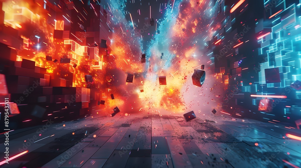 Fototapeta premium Abstract digital art with red and blue glowing cubes, lines, and smoke.