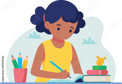 Young girl in yellow dress writing in notebook with pencils and books